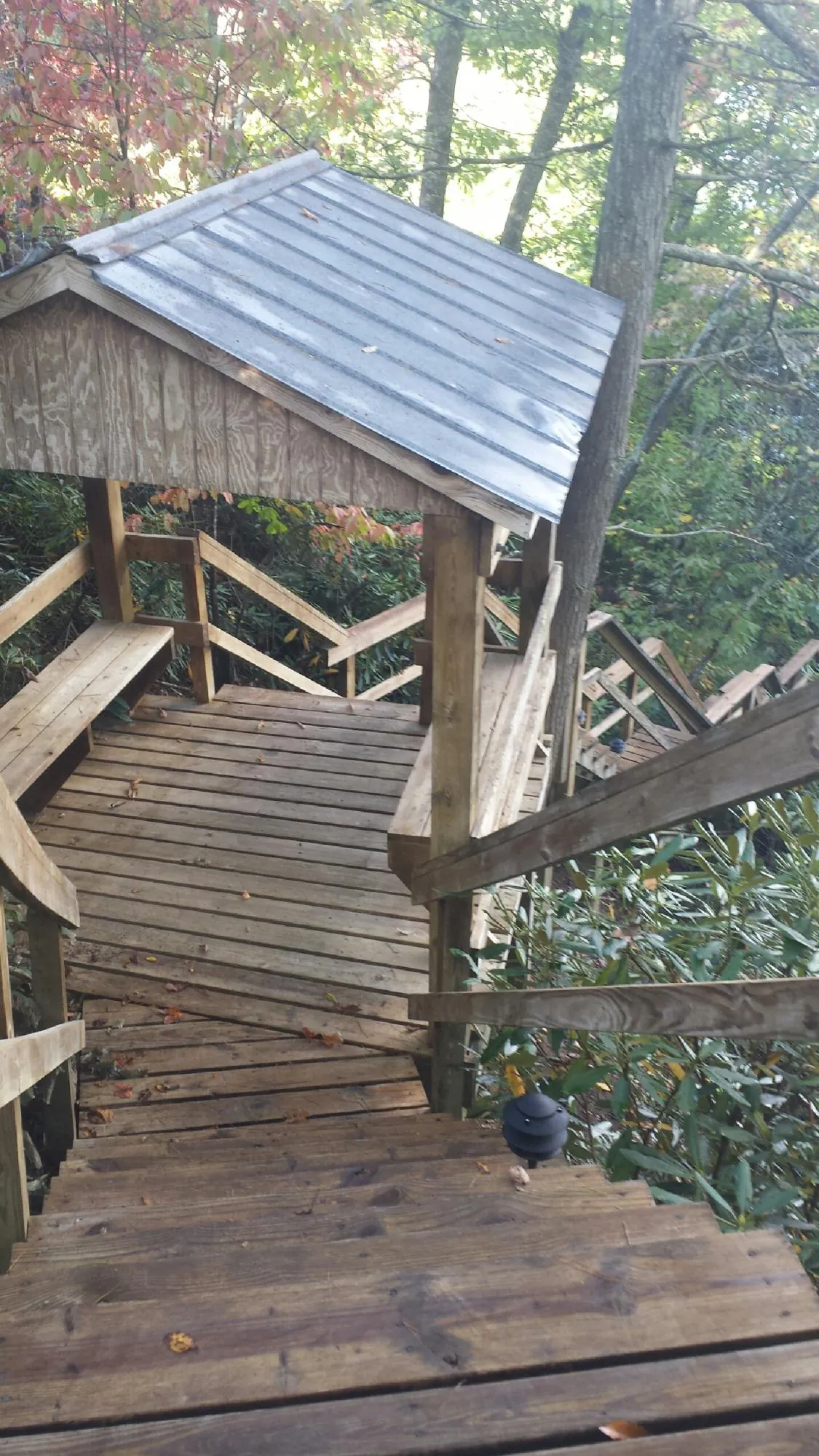 Metal roofed shelter over wooden steps on a wooded walkway — Skylight Repair & Installation work by our crew in Omro